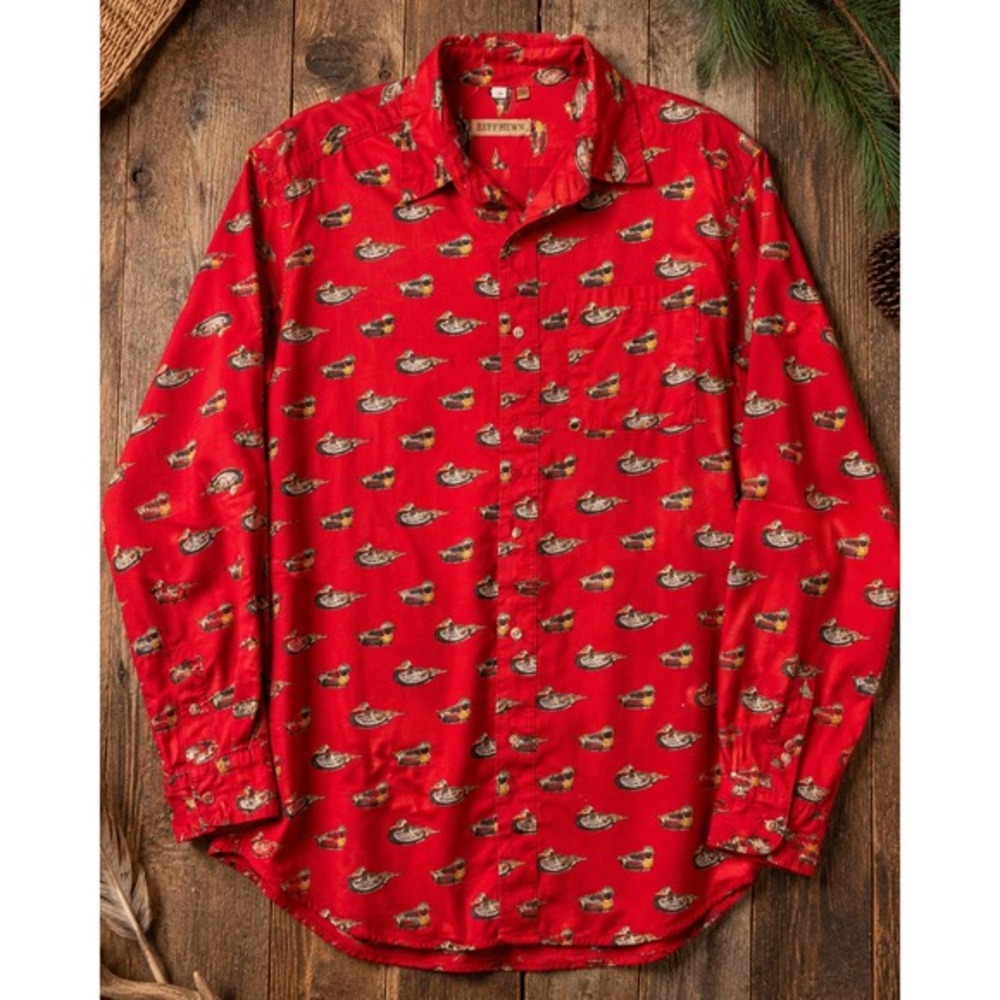 Ruff Hewn Men's Red Duck Print Long‎ Sleeve Button Up Flannel Shirt XL